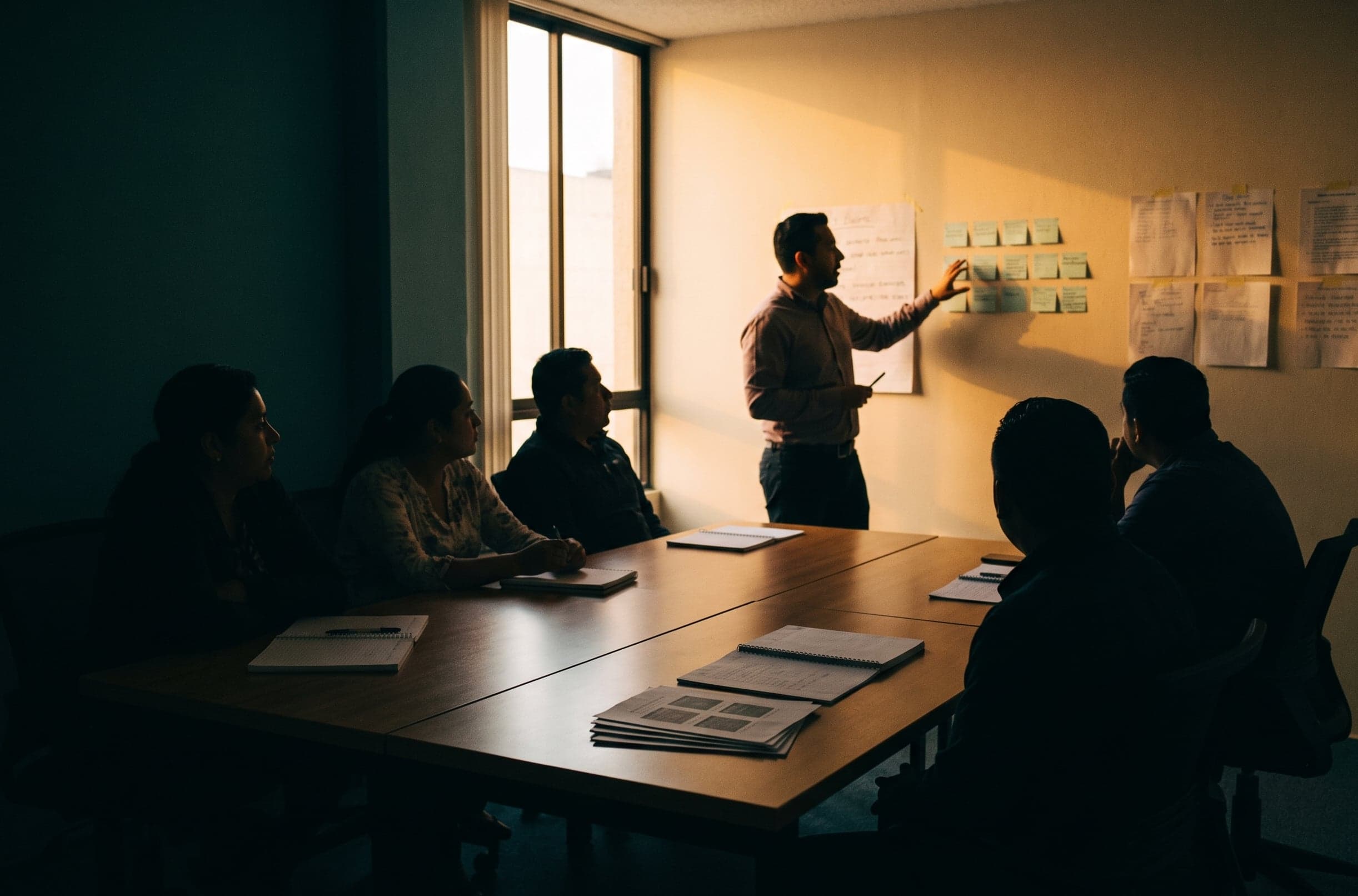 Sesión de formación: una persona señala una pared con notas de papel mientras el equipo escucha y toma apuntes.