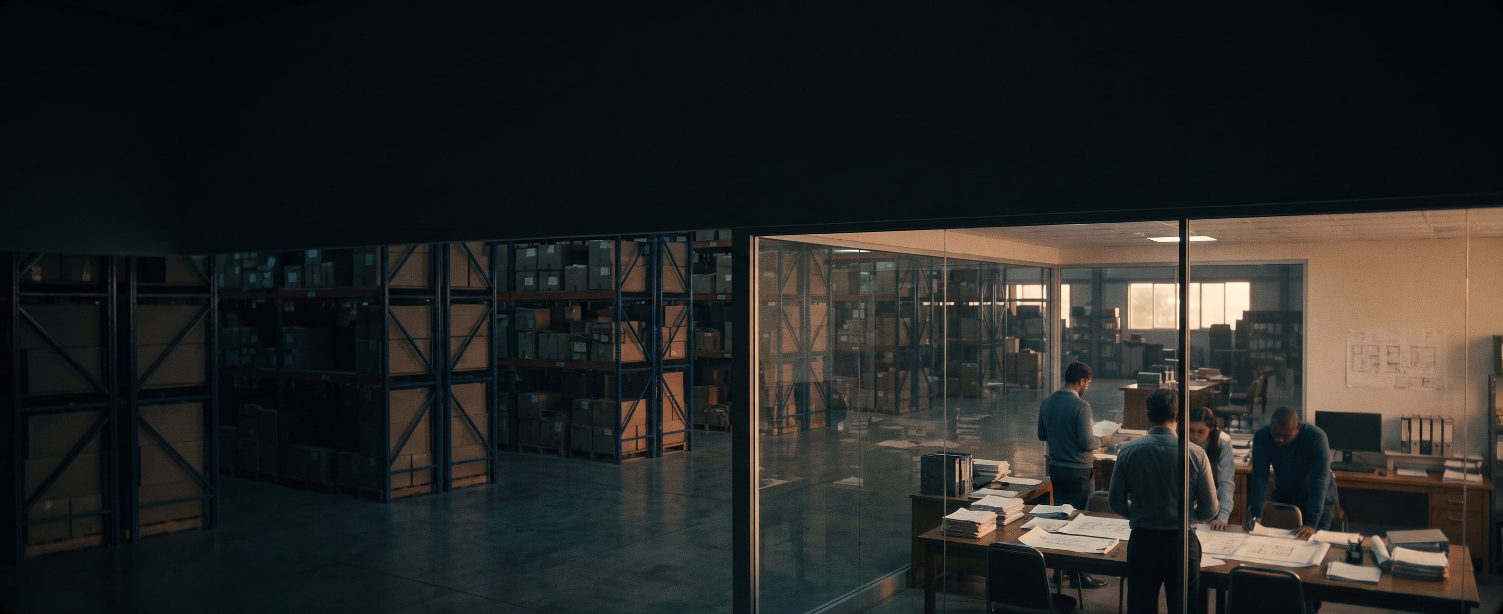 Interior de una empresa en operación: una oficina de cristal donde un equipo revisa documentos, junto al piso de almacén en penumbra.