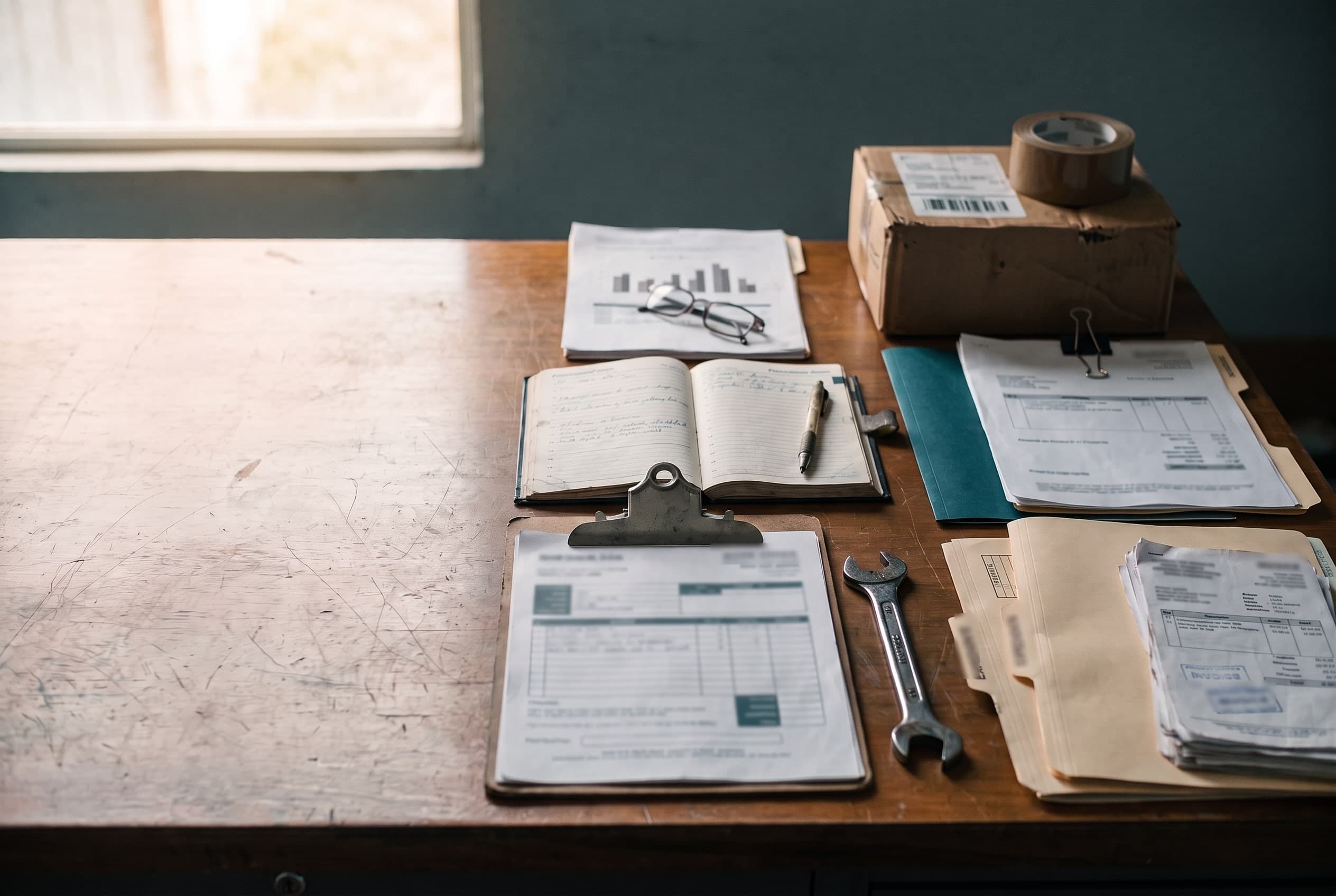 Mesa de trabajo con una orden de trabajo, expedientes, una caja de proveedor, una agenda y un reporte impreso.